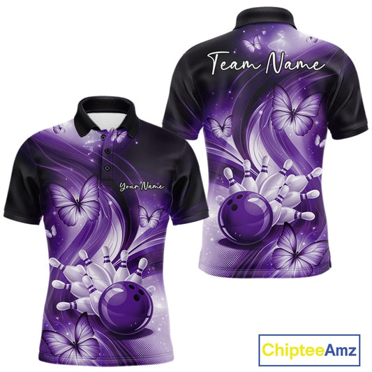 Front and back mens purple bowling polo mockup showcasing a bowling ball striking pins and decorative butterfly graphics.