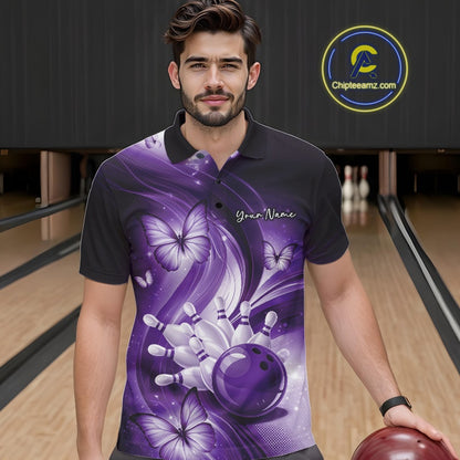 Male model at the bowling lane wearing a purple bowling polo with bowling-themed artwork and butterfly accents.