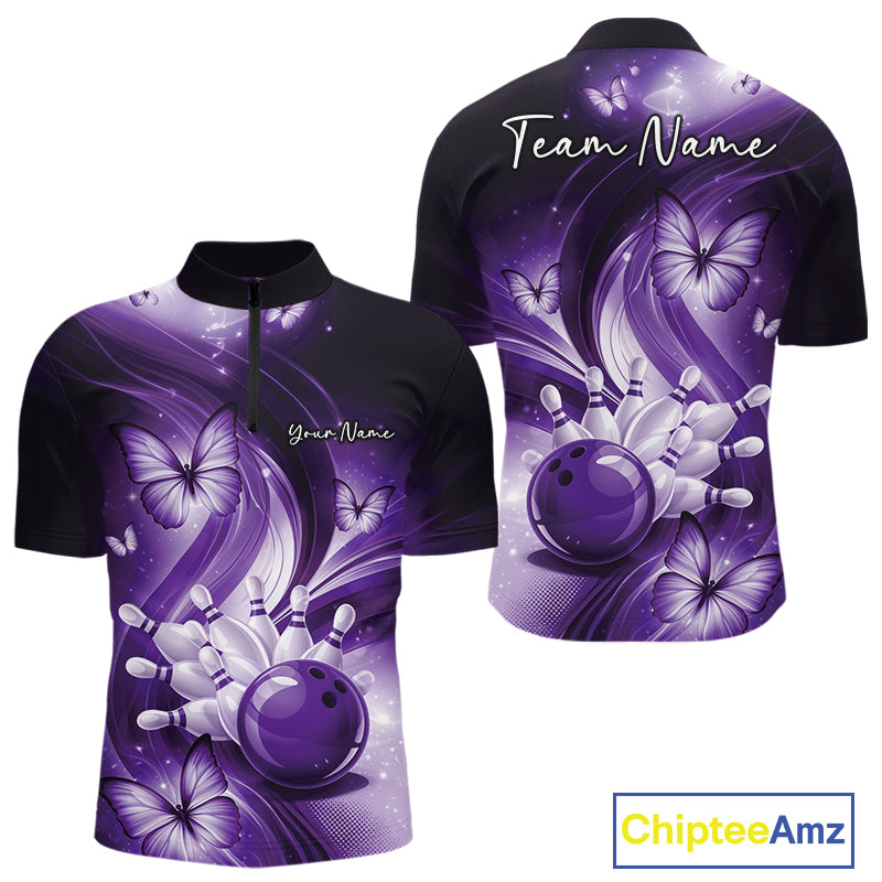 Front and back mens purple bowling quarter-zip featuring a bowling ball striking pins with decorative butterfly artwork.