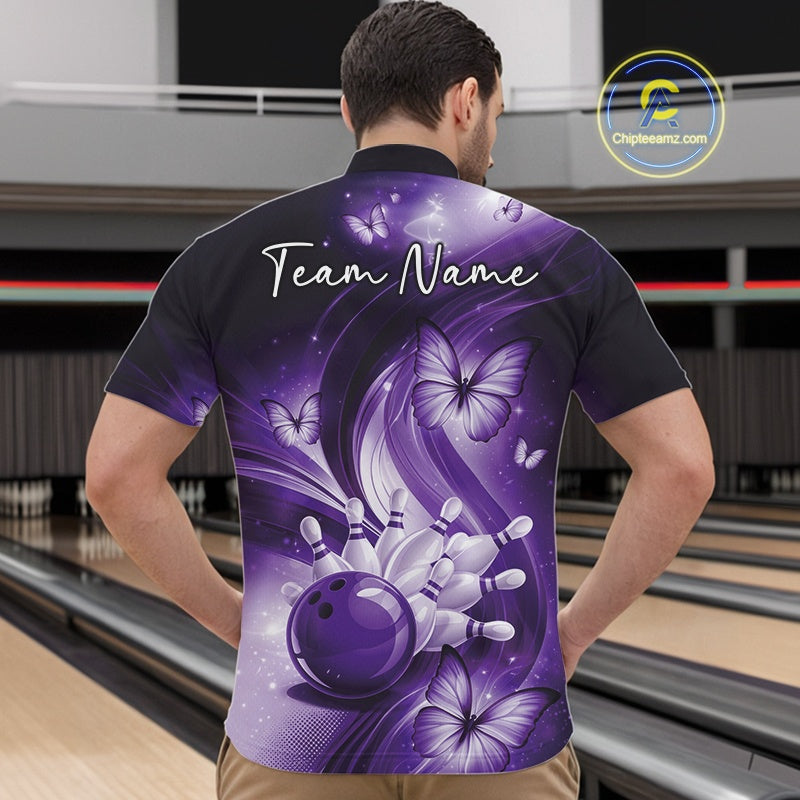 Front view of a purple bowling quarter-zip shirt displaying bowling pins, a bowling ball, and butterfly accents.