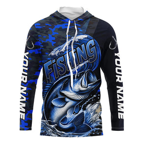 Custom Bass Long Sleeve Fishing Shirts, Personalized Bass Fishing Jersey | Blue Camo IPHW6872