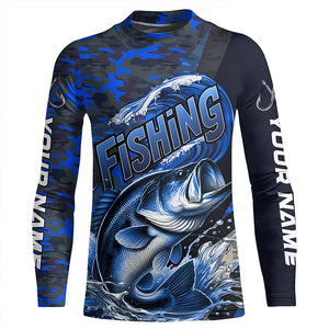 Custom Bass Long Sleeve Fishing Shirts, Personalized Bass Fishing Jersey | Blue Camo IPHW6872