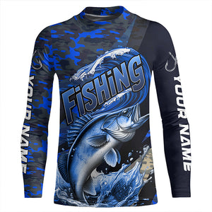 Custom Walleye Long Sleeve Fishing Shirts, Personalized Walleye Fishing Jersey | Blue Camo IPHW6873