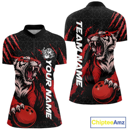 Front and back view of a black and red women's bowling quarter-zip shirt featuring a roaring tiger holding a red bowling ball with red claw-stripe graphics and a geometric background pattern.