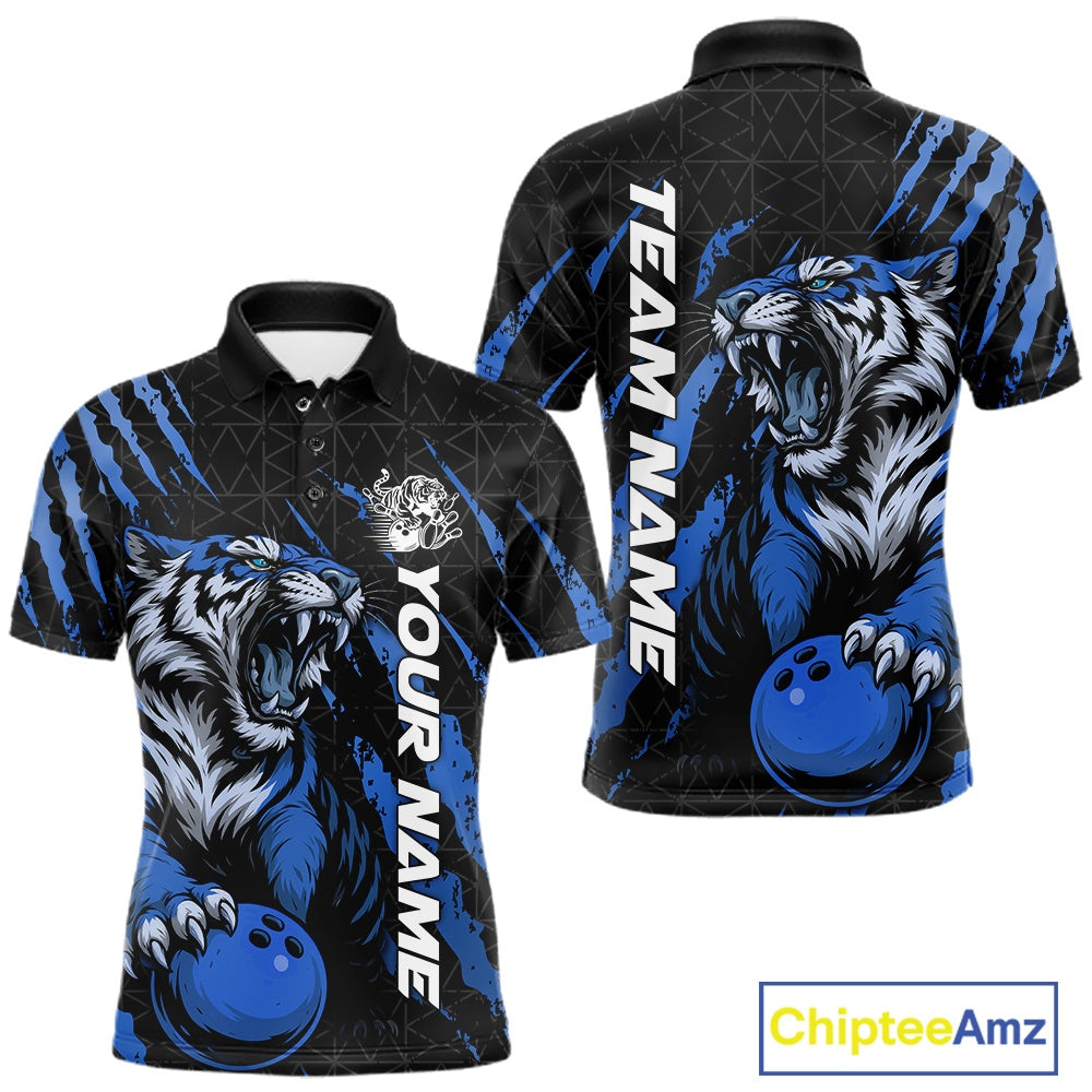Front and back view of a black and mid blue men's bowling polo shirt showcasing a roaring tiger holding a mid blue bowling ball with matching claw-stripe artwork and a geometric background pattern.