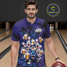 Load image into Gallery viewer, Male model wearing a blue and purple bowling polo shirt at a bowling lane with playful artwork of funny bowling pins and a bowling ball holding frothy beer mugs.