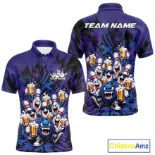 Load image into Gallery viewer, Front and back view of a blue and purple men's bowling polo shirt featuring funny bowling pins and a bowling ball holding frothy beer mugs in a playful bowling-themed illustration.