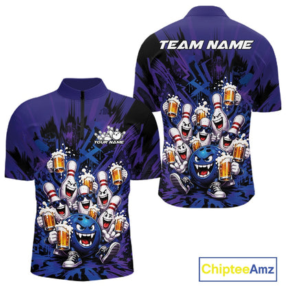 Front and back view of a blue and purple men's bowling quarter-zip shirt featuring funny bowling pins and a bowling ball holding frothy beer mugs in a fun cartoon-style bowling design.