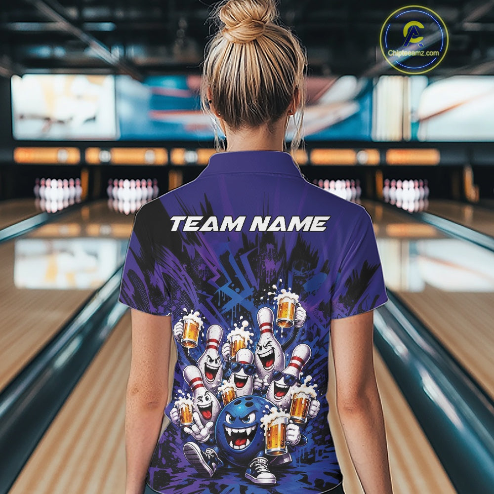 Back view of a female model in a bowling lane wearing a blue and purple bowling quarter-zip shirt decorated with playful artwork of funny bowling pins and a bowling ball holding frothy beer mugs.