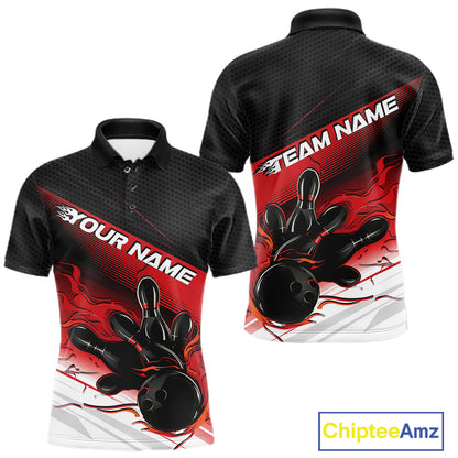 Custom Black And Red Flame Bowling Team Men Polo Shirt, Flame Bowling Jersey IPHW12020