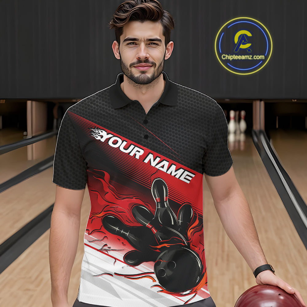 Custom Black And Red Flame Bowling Team Men Polo Shirt, Flame Bowling Jersey IPHW12020