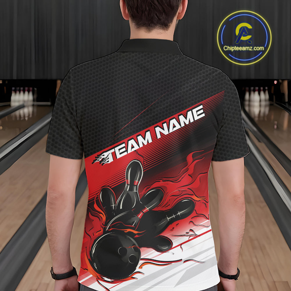 Custom Black And Red Flame Bowling Team Men Polo Shirt, Flame Bowling Jersey IPHW12020