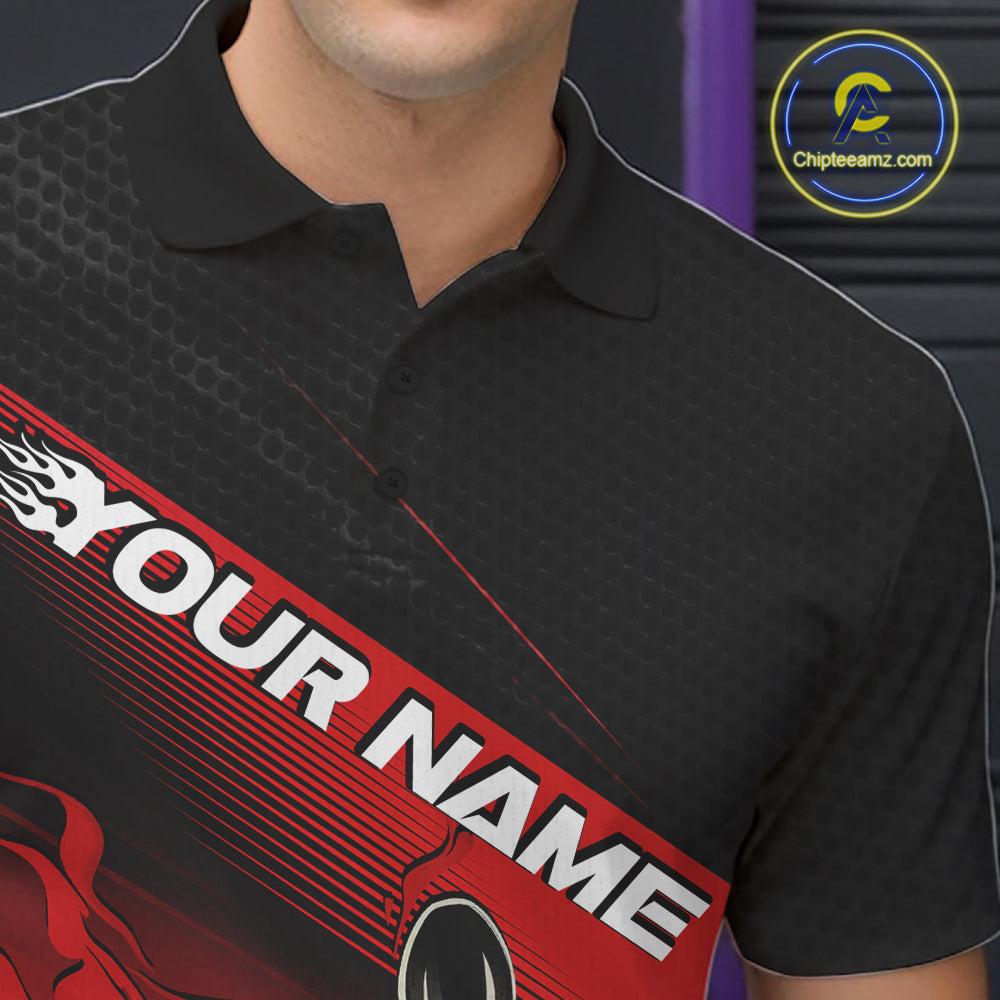 Custom Black And Red Flame Bowling Team Men Polo Shirt, Flame Bowling Jersey IPHW12020