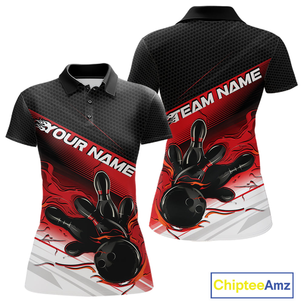 Custom Black And Red Flame Bowling Team Women Polo Shirt, Flame Bowling Jersey IPHW12020