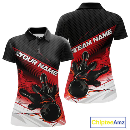 Custom Black And Red Flame Bowling Team Women Polo Shirt, Flame Bowling Jersey IPHW12020