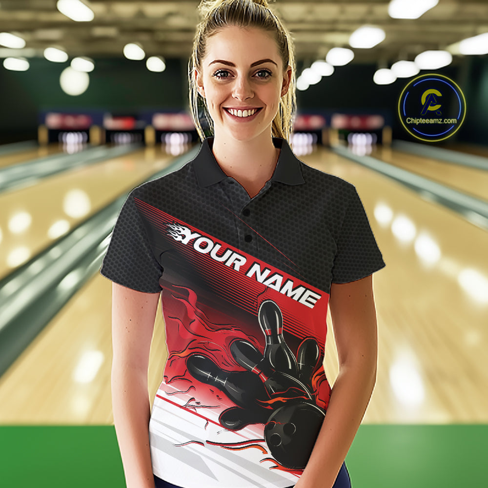 Custom Black And Red Flame Bowling Team Women Polo Shirt, Flame Bowling Jersey IPHW12020