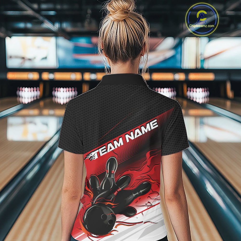 Custom Black And Red Flame Bowling Team Women Polo Shirt, Flame Bowling Jersey IPHW12020