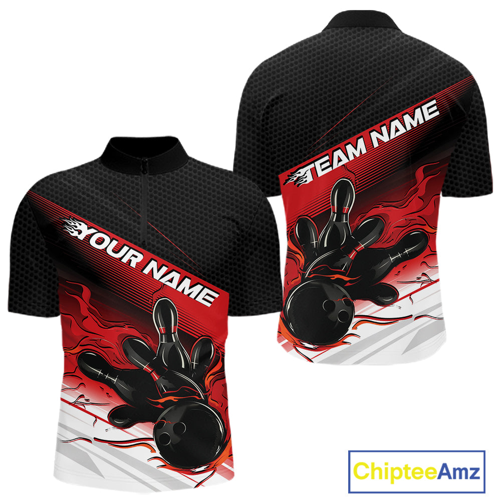 Custom Black And Red Flame Bowling Team Men Quarter Zip Shirt, Flame Bowling Jersey IPHW12020