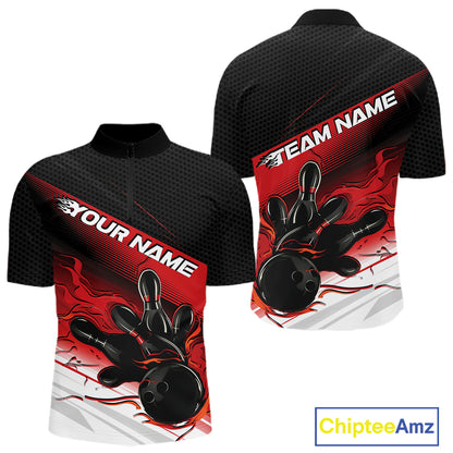 Custom Black And Red Flame Bowling Team Men Quarter Zip Shirt, Flame Bowling Jersey IPHW12020