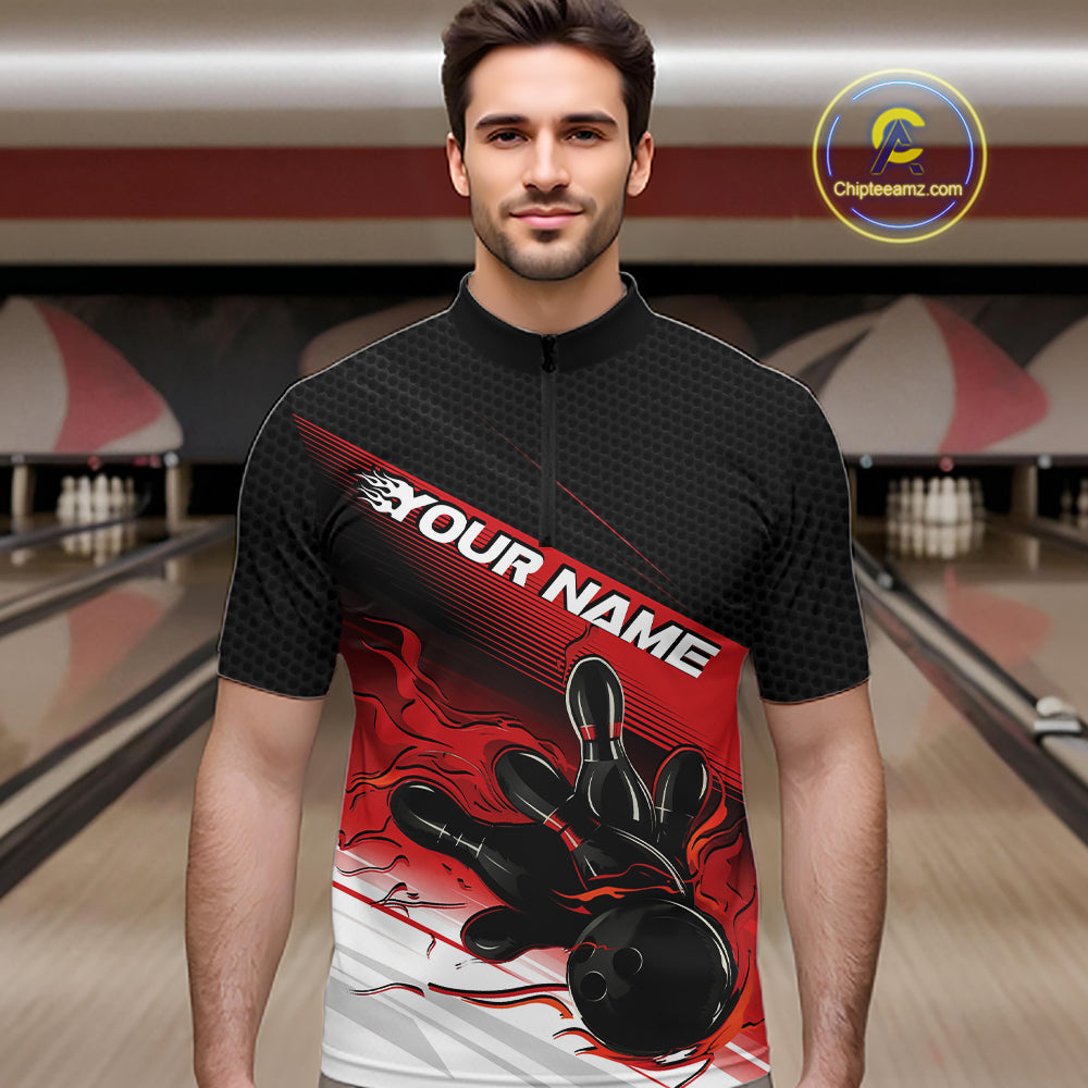 Custom Black And Red Flame Bowling Team Men Quarter Zip Shirt, Flame Bowling Jersey IPHW12020