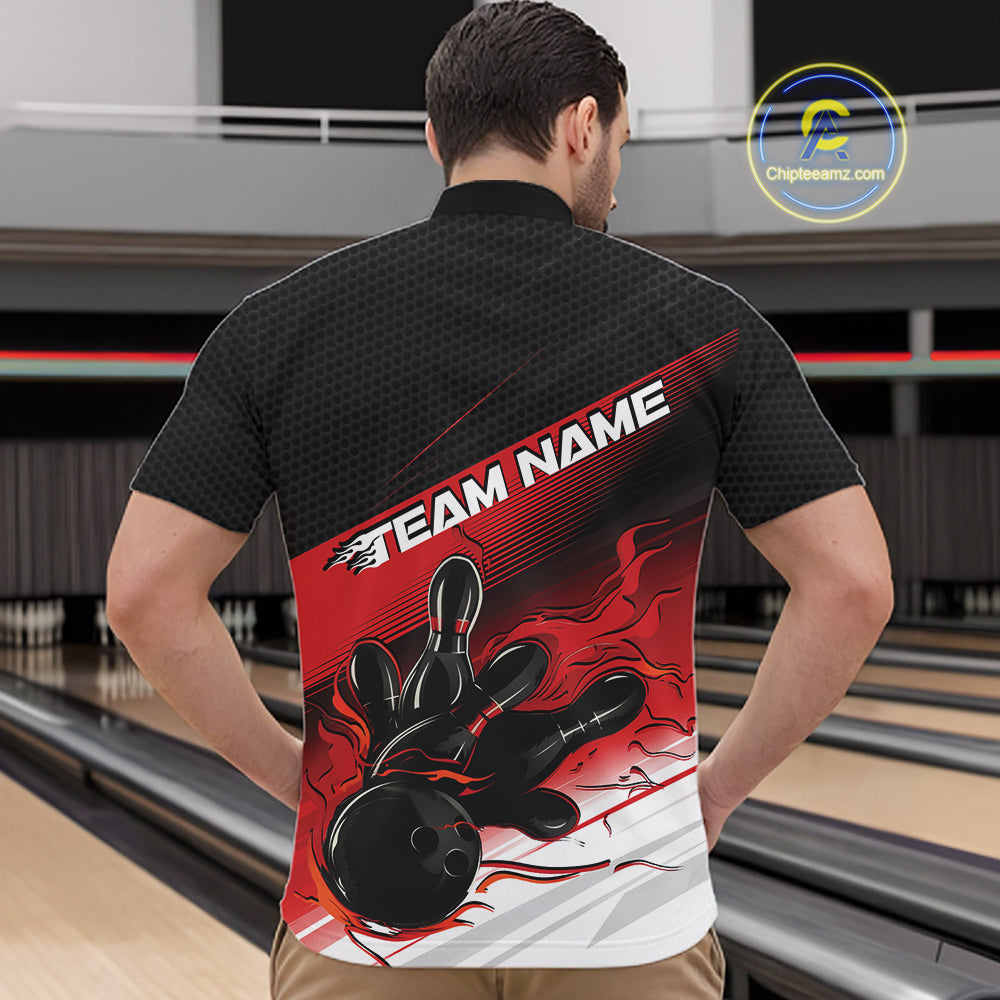 Custom Black And Red Flame Bowling Team Men Quarter Zip Shirt, Flame Bowling Jersey IPHW12020