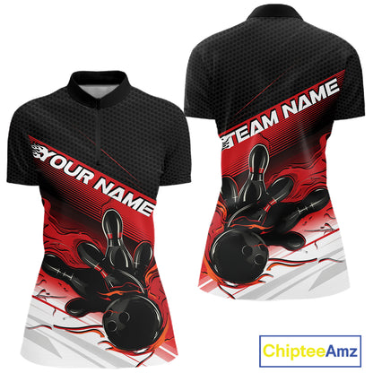Custom Black And Red Flame Bowling Team Women Quarter-Zip Shirt, Flame Bowling Jersey IPHW12020