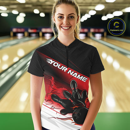 Custom Black And Red Flame Bowling Team Women Quarter-Zip Shirt, Flame Bowling Jersey IPHW12020