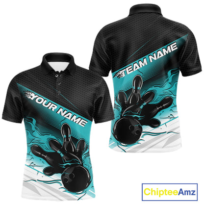 Custom Black And Turquoise Blue Flame Bowling Team Men Polo Shirt, Flame Bowling Jersey IPHW12021