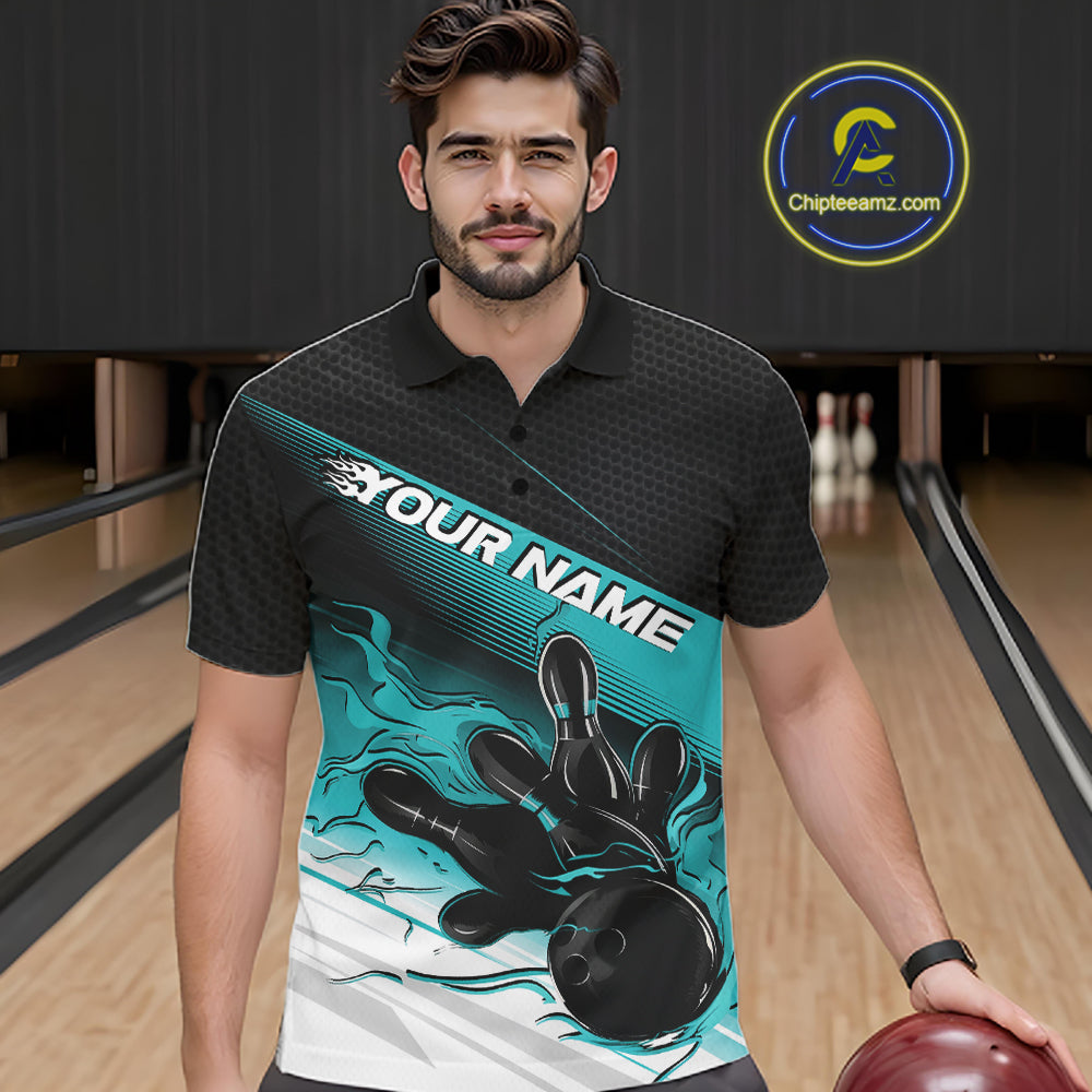 Custom Black And Turquoise Blue Flame Bowling Team Men Polo Shirt, Flame Bowling Jersey IPHW12021