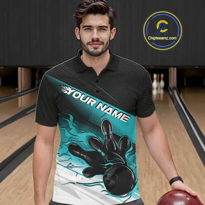 Custom Black And Turquoise Blue Flame Bowling Team Men Polo Shirt, Flame Bowling Jersey IPHW12021
