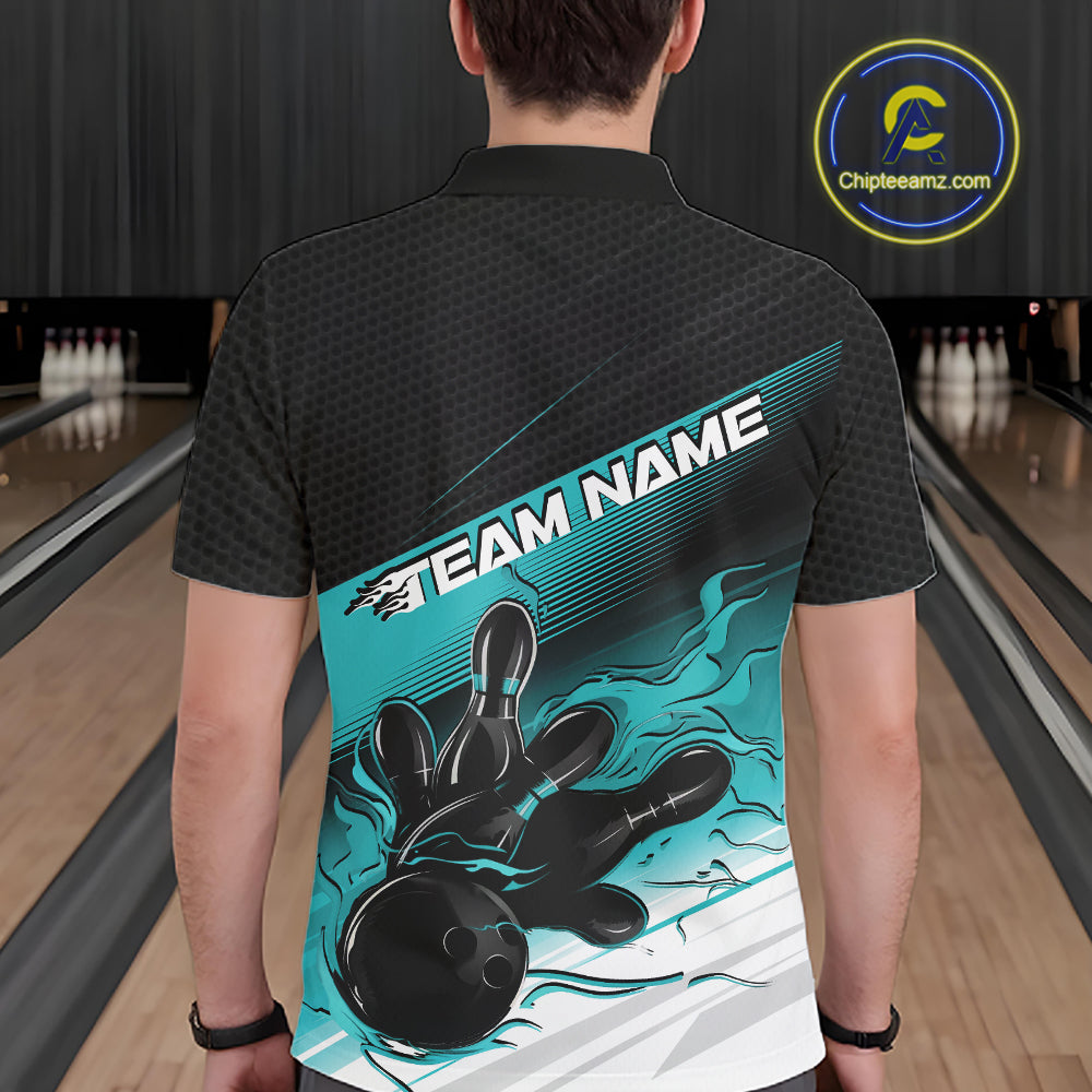 Custom Black And Turquoise Blue Flame Bowling Team Men Polo Shirt, Flame Bowling Jersey IPHW12021