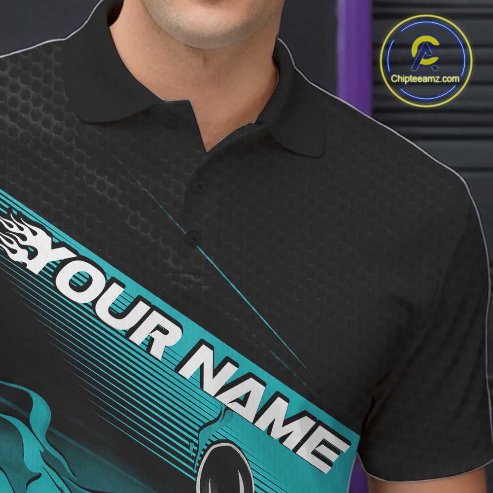 Custom Black And Turquoise Blue Flame Bowling Team Men Polo Shirt, Flame Bowling Jersey IPHW12021