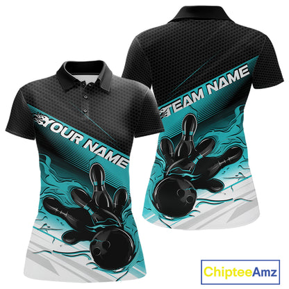 Custom Black And Turquoise Blue Flame Bowling Team Women Polo Shirt, Flame Bowling Jersey IPHW12021