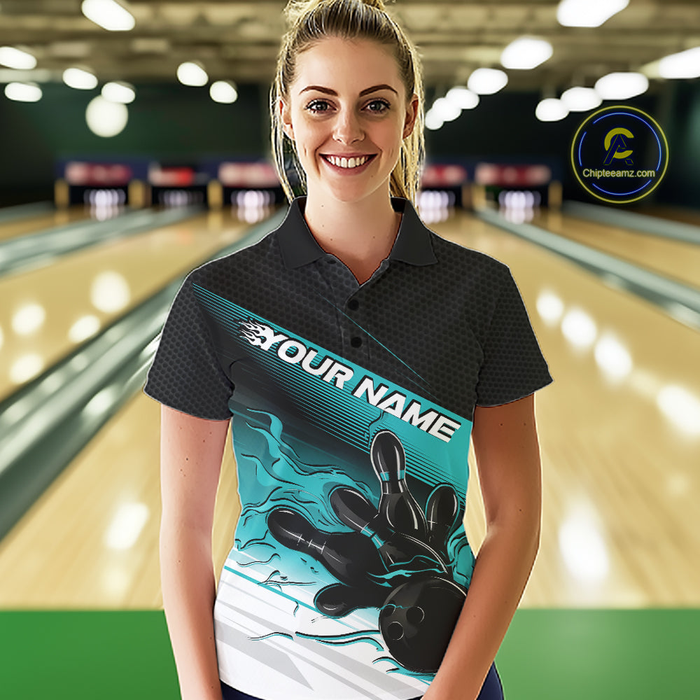 Custom Black And Turquoise Blue Flame Bowling Team Women Polo Shirt, Flame Bowling Jersey IPHW12021