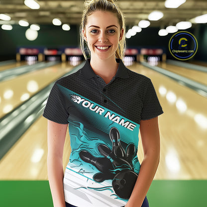 Custom Black And Turquoise Blue Flame Bowling Team Women Polo Shirt, Flame Bowling Jersey IPHW12021