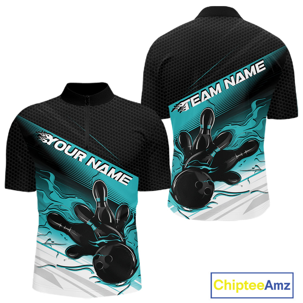 Custom Black And Turquoise Blue Flame Bowling Team Men Quarter Zip Shirt, Flame Bowling Jersey IPHW12021