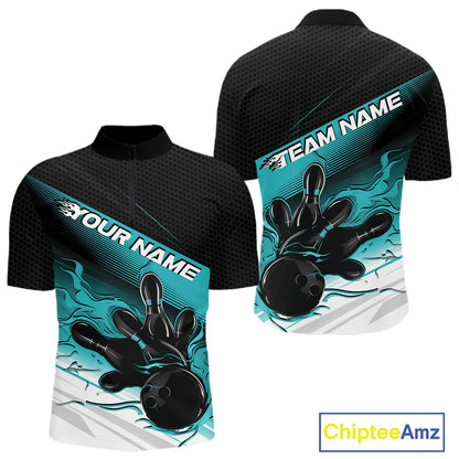 Custom Black And Turquoise Blue Flame Bowling Team Men Quarter Zip Shirt, Flame Bowling Jersey IPHW12021