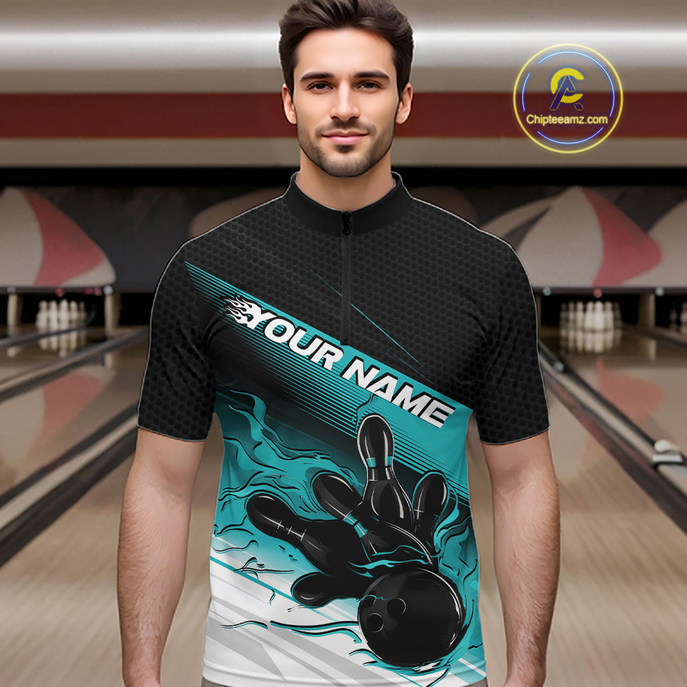 Custom Black And Turquoise Blue Flame Bowling Team Men Quarter Zip Shirt, Flame Bowling Jersey IPHW12021