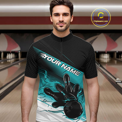 Custom Black And Turquoise Blue Flame Bowling Team Men Quarter Zip Shirt, Flame Bowling Jersey IPHW12021