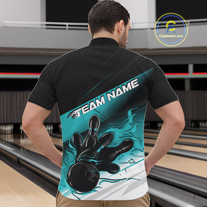 Custom Black And Turquoise Blue Flame Bowling Team Men Quarter Zip Shirt, Flame Bowling Jersey IPHW12021