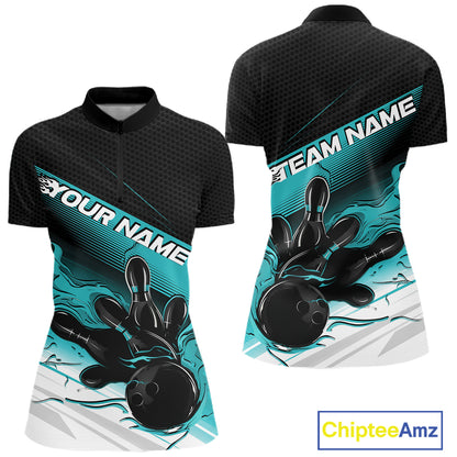 Custom Turquoise Blue Flame Bowling Team Women Quarter-Zip Shirt, Flame Bowling Jersey IPHW12021