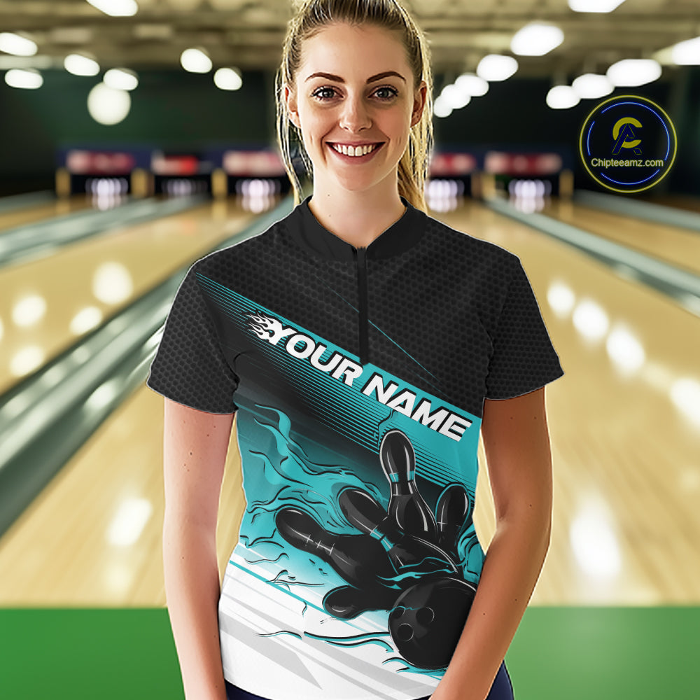 Custom Turquoise Blue Flame Bowling Team Women Quarter-Zip Shirt, Flame Bowling Jersey IPHW12021