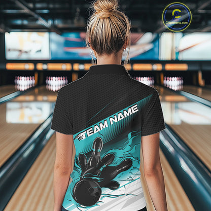 Custom Turquoise Blue Flame Bowling Team Women Quarter-Zip Shirt, Flame Bowling Jersey IPHW12021
