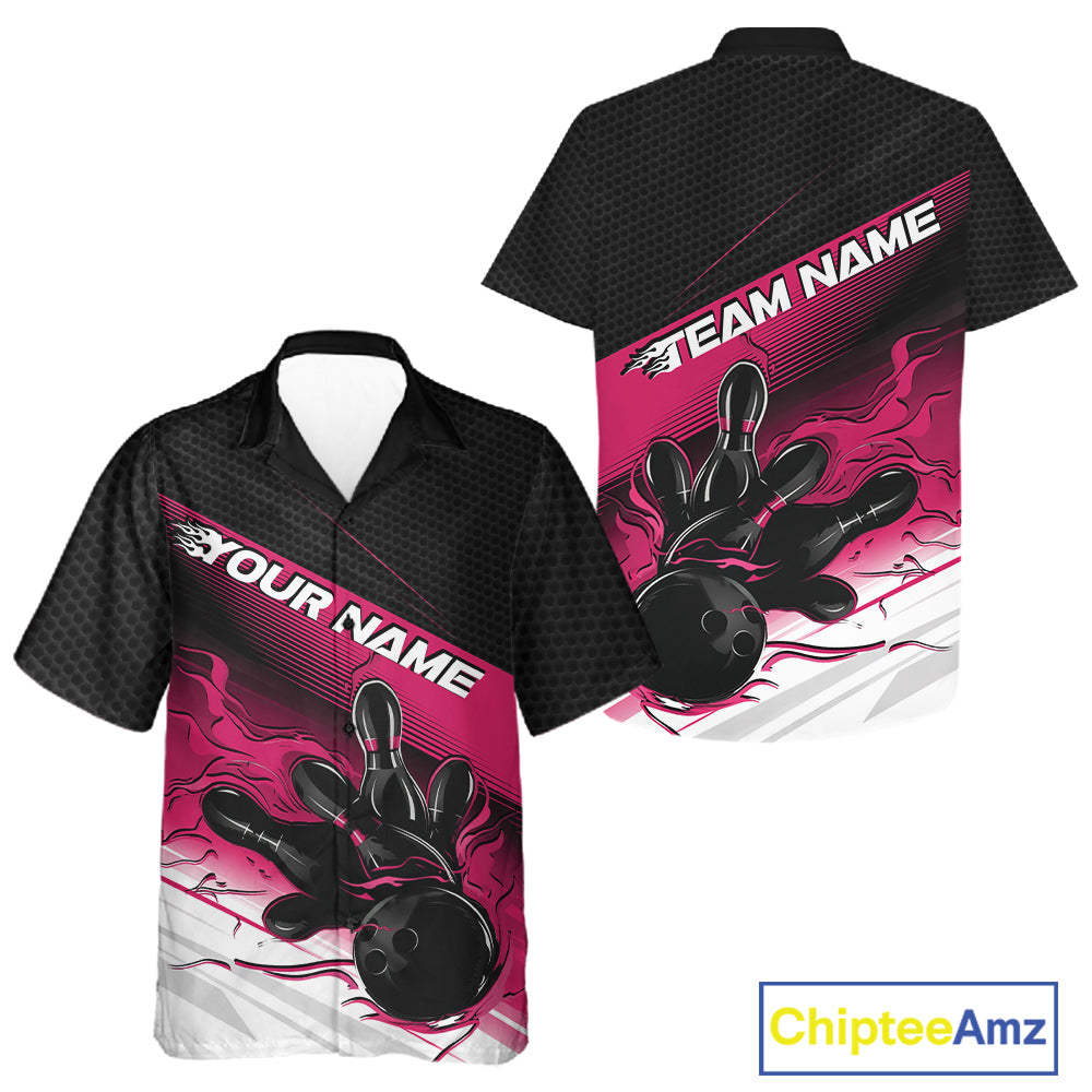 Custom Black And Pink Flame Bowling Team Men And Women Button Up Shirt, Flame Bowling Jersey IPHW12022