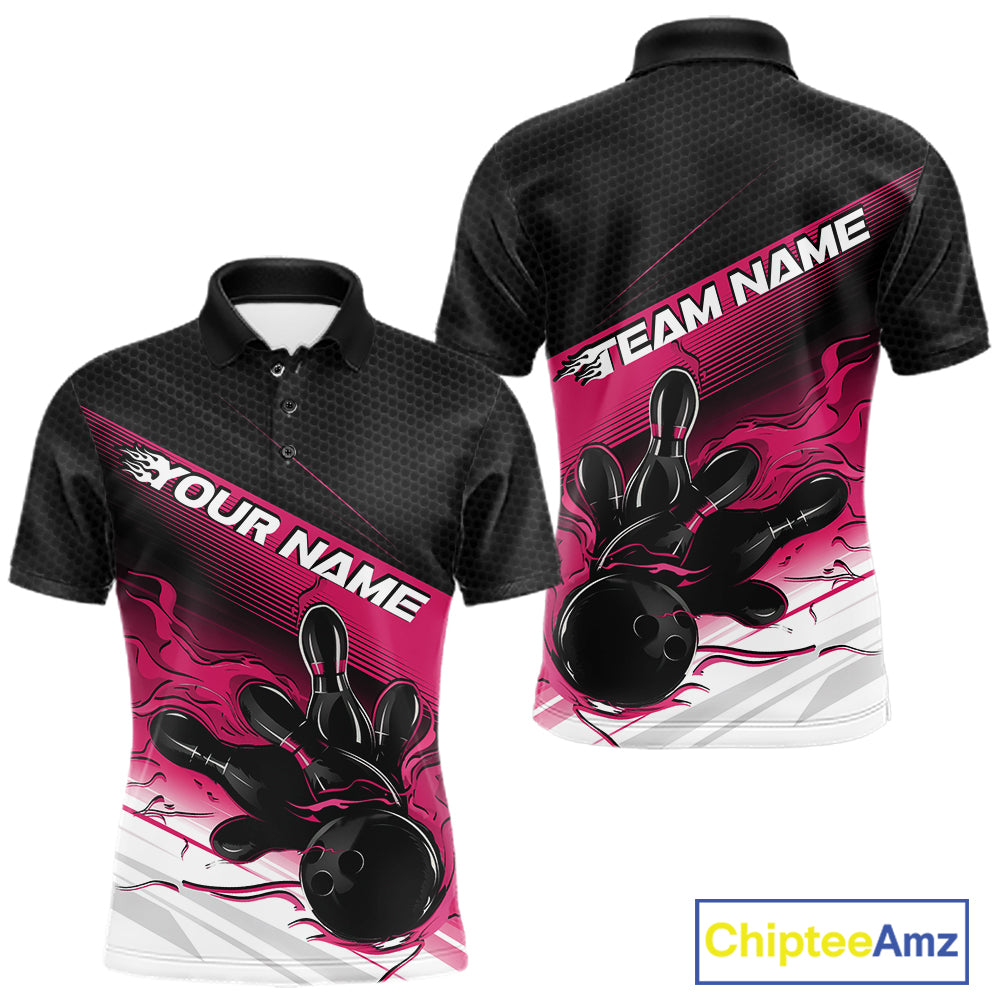 Custom Black And Pink Flame Bowling Team Men Polo Shirt, Flame Bowling Jersey IPHW12022