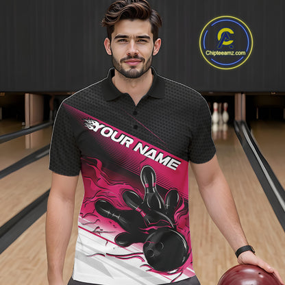 Custom Black And Pink Flame Bowling Team Men Polo Shirt, Flame Bowling Jersey IPHW12022