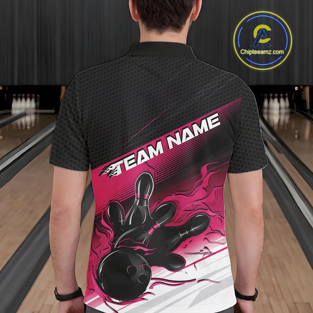 Custom Black And Pink Flame Bowling Team Men Polo Shirt, Flame Bowling Jersey IPHW12022