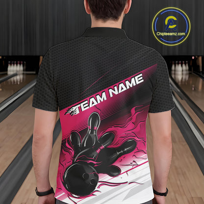 Custom Black And Pink Flame Bowling Team Men Polo Shirt, Flame Bowling Jersey IPHW12022
