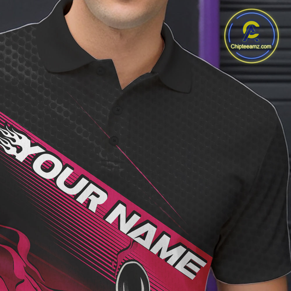 Custom Black And Pink Flame Bowling Team Men Polo Shirt, Flame Bowling Jersey IPHW12022