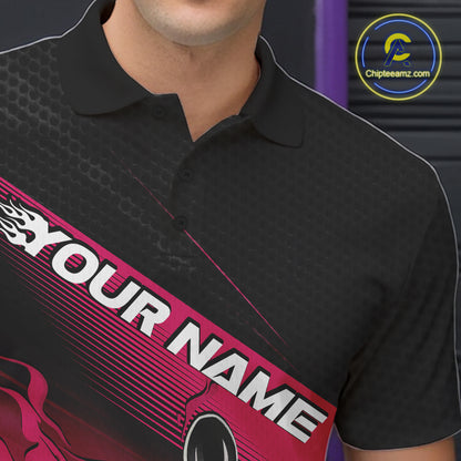Custom Black And Pink Flame Bowling Team Men Polo Shirt, Flame Bowling Jersey IPHW12022
